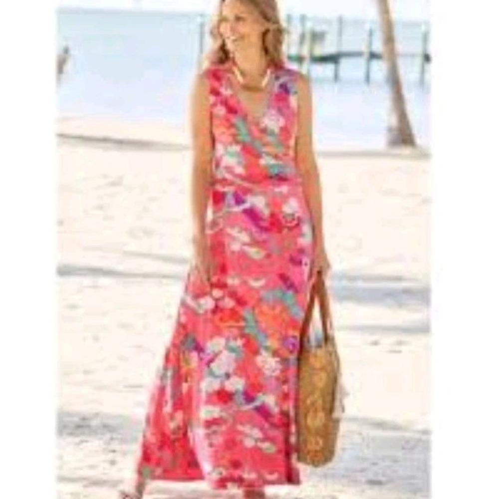 Soft Surroundings Coral Floral Sleeveless Maxi Dress